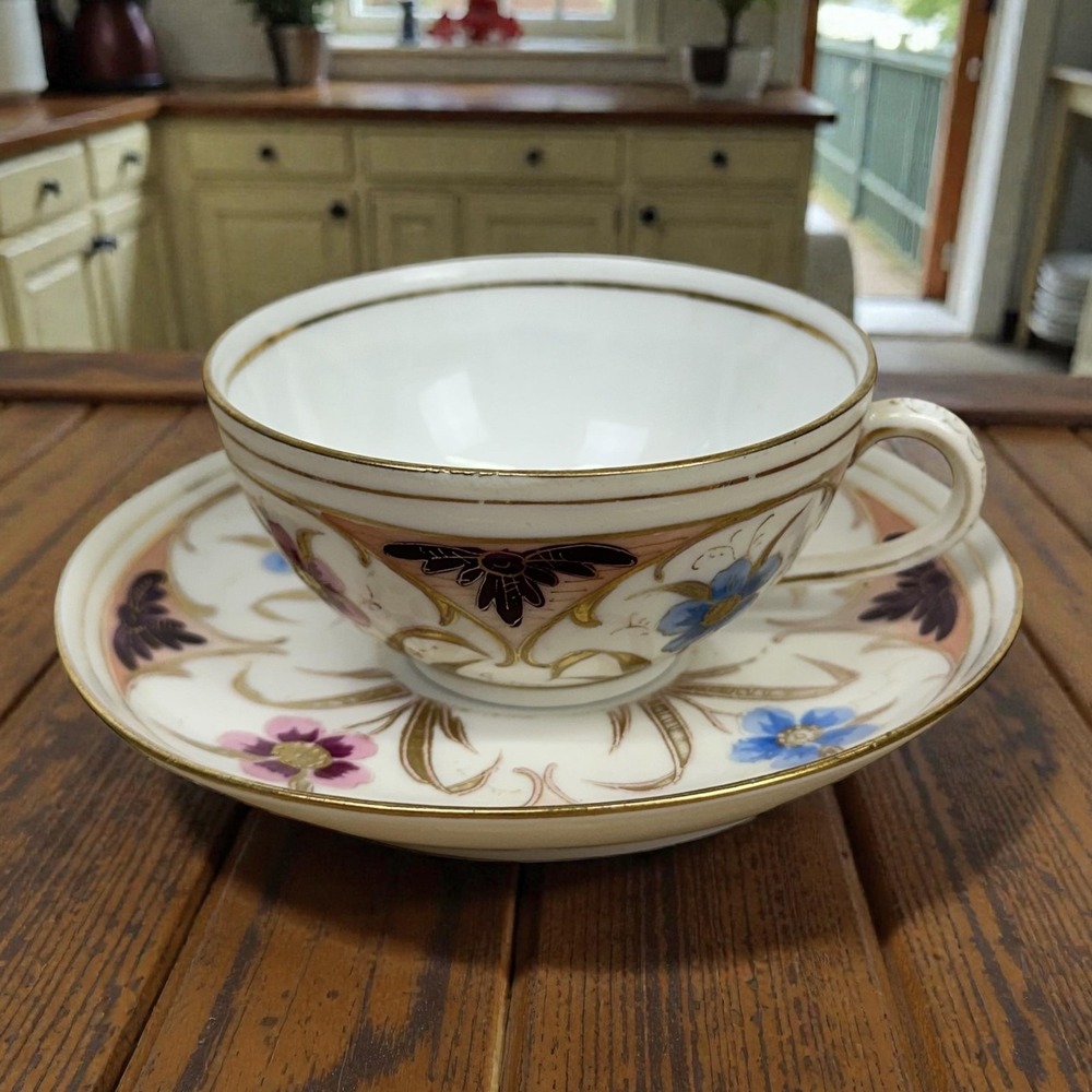 VTG Hand Painted Porcelain Tea Cup Saucer Alhambra Winged Crown Bohemia‎ c1900